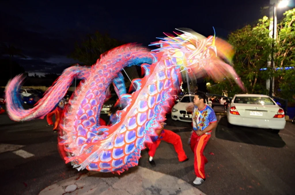 The dragon at night, long exposure, the silk body blurred into something that looks like it is actually moving under its own power.