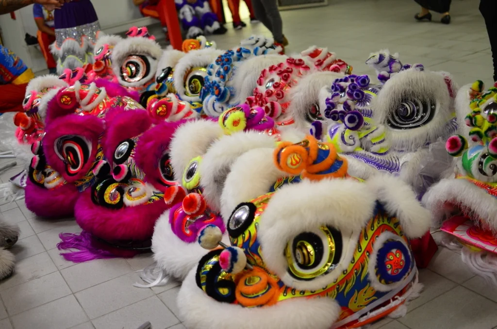 Eight lion heads laid out on the floor before the performance. Each one is different. Each one has a name.