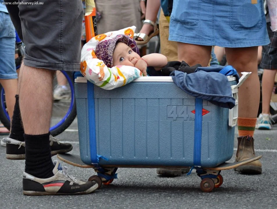 A baby in an esky on a skateboard. This requires no caption. The Kurilpa Derby requires no caption.