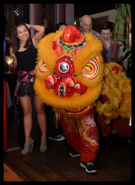 The lion turns toward the crowd and the crowd turns toward the lion. The woman behind it is grinning. Everyone is.